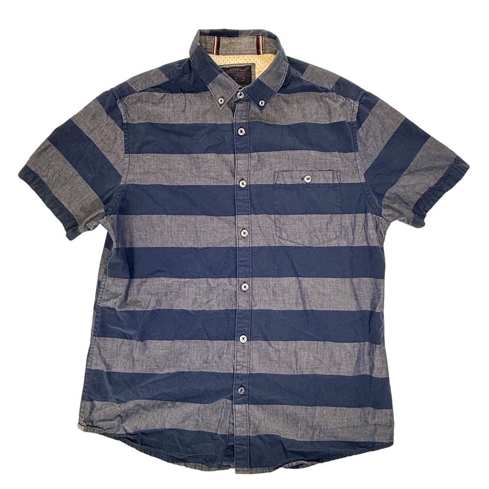Cactus Man Mens Slim Fit Short Sleeve Button Down Shirt Navy Grey Striped Medium